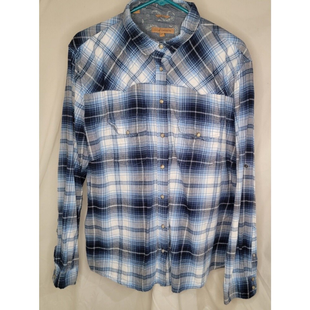 JACHS Girlfriend Womens XL Blue Plaid Pearl Snap Cotton Flannel Shirt Roll Tab
